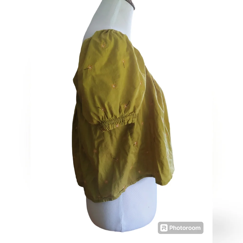 B2G1 FREE! Green Puff Sleeve Floral Embroidered Short Sleeve Cottagecore Top - Picture 2 of 7